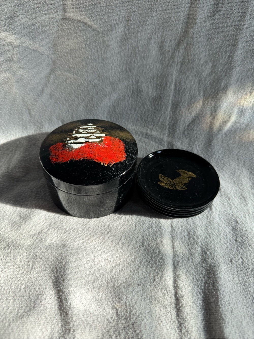 Vintage Japanese Black Lacquer Hand-Painted Set of 5 Coasters